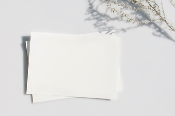 Mockup poster or flyer for presentation white sheets of paper with shadow of a plant on a gray background in a modern minimalist style. Congratulations blank, business cards or invitation. Top view