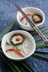 High angle view of Oriental mushroom soup with noodles