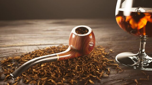 Elegant pipe and an iced drink.Old fashioned tobacco pipe with a glass of cognac