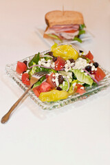 High angle view of salad with a sandwich