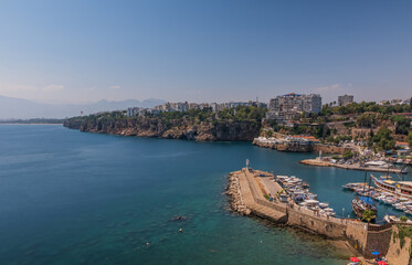 Old harbor in Kaleici, Antalya, Turkey - travel background. August 2020. Long exposure picture