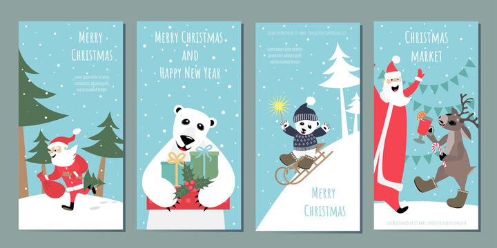 Set of templates for Christmas greeting banners, flyers, cards. Christmas market. Vector images of cheerful polar bears, santa claus, deer.