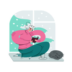 Vector flat illustration with young woman sitting on windowsill against background of winter snow. Concept leisure, comfort, reading, learning. It can be used in web design, banners, etc.