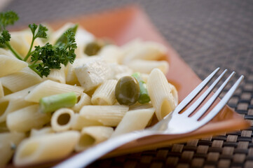 Close-up of pasta in a plate with a fork