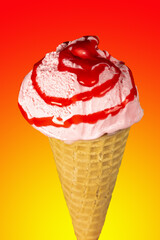 Ice cream cone with strawberry syrup cut out and placed on a yellow and red gradient background.