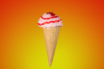 Ice cream cone with strawberry syrup cut out and placed on a yellow and red gradient background.