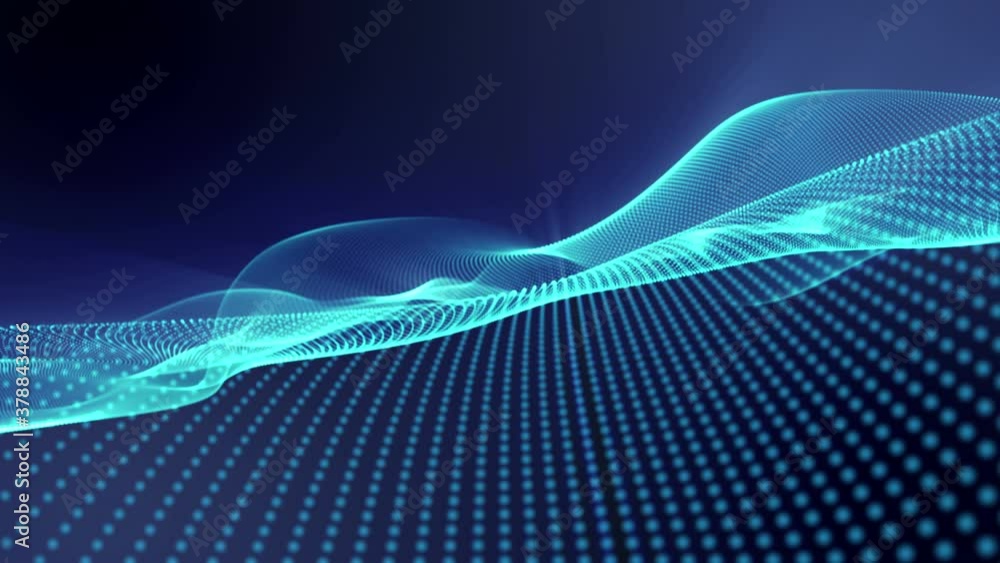 Aufkleber curving lines of blue dots on a dark background. abstract animation from particles. 3d render