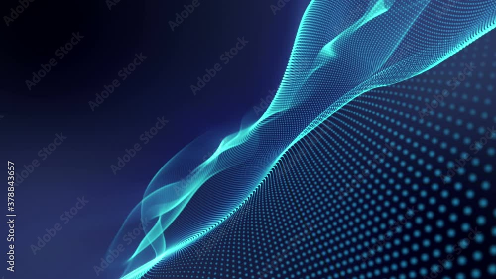 Aufkleber curving lines of blue dots on a dark background. abstract animation from particles. 3d render