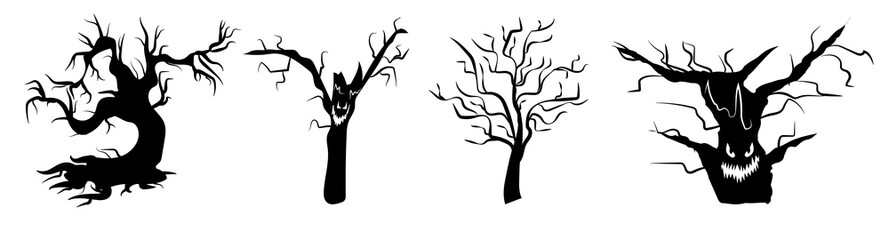 Scary black tree silhouettes, bare tree icons with spooky faces for halloween. Night creepy forest.