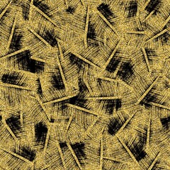 Gold glitter and black tropical seamless pattern. High quality illustration. Digital glitter texture in the shape of tropical palm tree leaves overlayed on a black background. Seamless design.