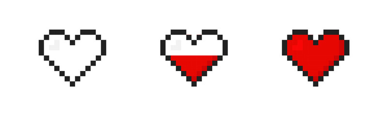 Live heart set pixel vector icon. 8 bit love. Retro game nubes. Cartoon illustration art