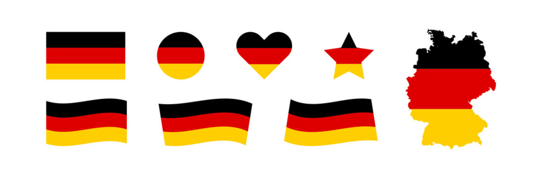 Germany flag set vector icon. Isolated sticker european country map. National German colors black, red and yellow.