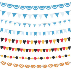 Oktoberfest set of flags, bunting, garland. Decorated in traditional colors of Bavaria and Germany flag. Vector illustration.