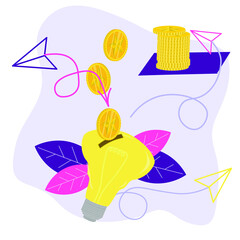 Vector illustration of light bulb with the aircraft, the concept of savings in working time, save energy, business and economy, on a white background