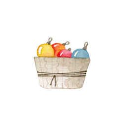 Basket with christmas toys. Watercolor illustration isolated on white.