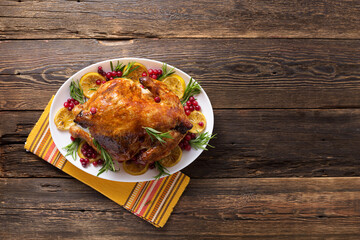 Thanksgiving chicken on wooden table gala dinner,top view