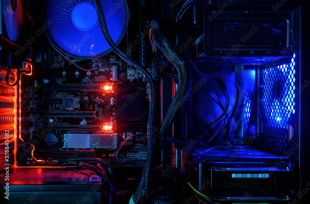 Wall mural computer with internal led rgb lights and cpu cooling fans, hardware inside open high performance de