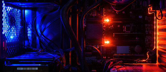 Computer with circuit board and internal LED RGB lights, hardware inside open high performance desktop PC, concept of gaming, technology.