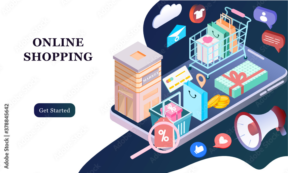 Poster landing page of 3d isometric online shopping on websites or mobile applications concepts of vector e