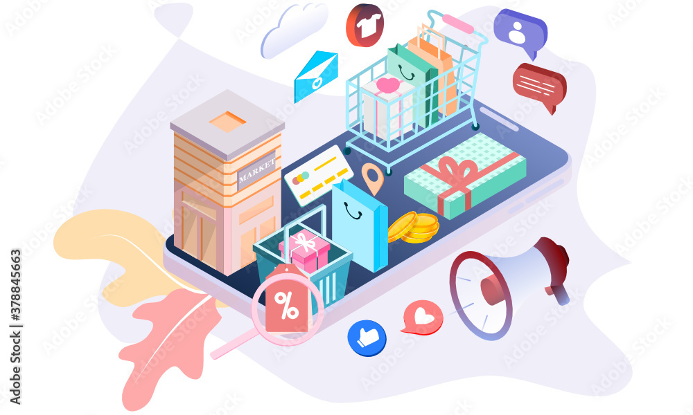 Poster landing page of 3d isometric online shopping on websites or mobile applications concepts of vector e