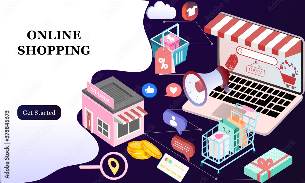 Poster landing page of 3d isometric online shopping on websites or mobile applications concepts of vector e