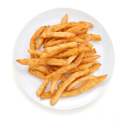 a pile of french fries isolated in white plate on white