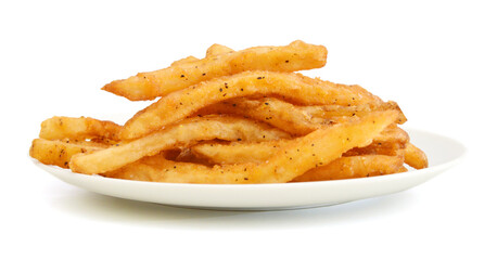 a pile of french fries isolated in white plate on white