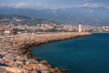 Fototapeta premium Lighthouse in Alanya, Antalya district, Turkey, Asia. Popular tourist destination. Long exposure picture, august 2020