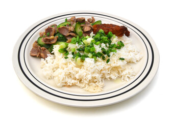 Chicken with rice and vegetables on white background