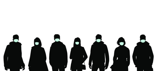 Set of silhouettes of men and women in medical masks, protection from covid 19, in spring, autumn and winter outerwear, standing in different poses, business people, vector illustration, black color