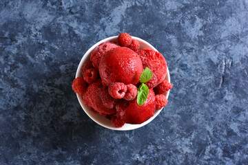 Raspberry sorbet, ice cream scoop