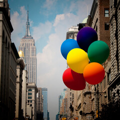 Rainbow color balloons in front of buildings, Empire State Building, New York City, New York State, USA