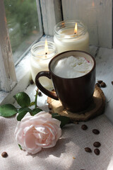 coffee and cookies. autumn mood. cozy day with coffee and apple pie. autumn morning. cozy breakfast with hot chocolate and cake.  morning coffee with the rose. coffee with flowers. pink rose.