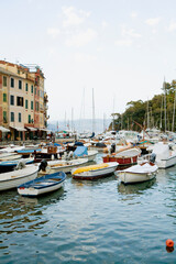 Fototapeta na wymiar Boats at a harbor, Italian Riviera, Portofino, Genoa, Liguria, Italy