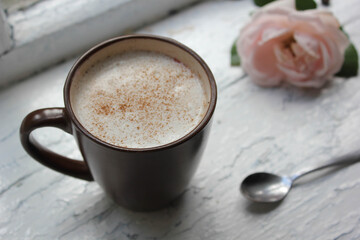 coffee and cookies. autumn mood. cozy day with coffee and apple pie. autumn morning. cozy breakfast with hot chocolate and cake.  morning coffee with the rose. coffee with flowers. pink rose.