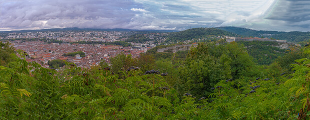 Besançon, France - 08 29 2020: Panoramic view of the city and the citadel walls from the fort of...