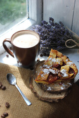 cup of coffee and cookies. coffee and cookies. autumn mood. cozy day with coffee and apple pie. autumn morning. cozy breakfast with hot chocolate and cake. 