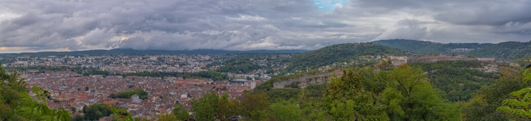 Fototapeta na wymiar Besançon, France - 08 29 2020: Panoramic view of the city and the citadel walls from the fort of Chaudanne