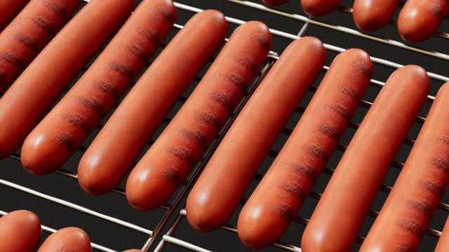 Grilled Hot Dogs with Charred Marks on a Metal Grill Rack Close Up