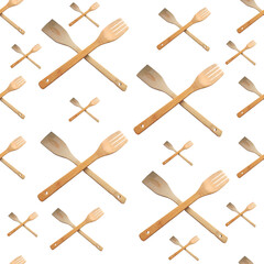 pattern kitchen wooden spatulas crossed. Devices for mixing food during cooking isolated on a white background.