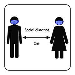 Keep distance sign. Coronovirus epidemic protective equipment. Preventive measures. Steps to protect yourself. Keep the 2 meter distance. Vector illustration.