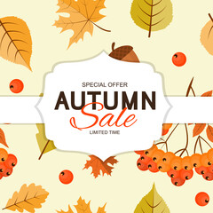 Naklejka premium Autumn Background Template with leaves. Special offer. Limited Time. Vector Illustration
