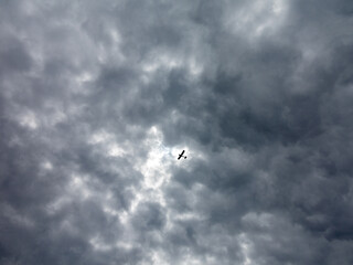 Small light aircraft in the sky against the background of cumulus clouds