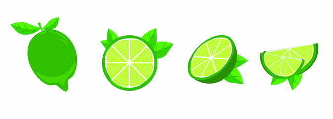 Lime slice, set of variations, green, lemon, vector graphics, segmented on a white background.