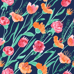 Watercolor seamless pattern with leaves and fantasy flowers on long stalks orange and pink colors on dark background. Beautiful textile print. Great for fabrics, wrapping papers, wallpapers, covers.