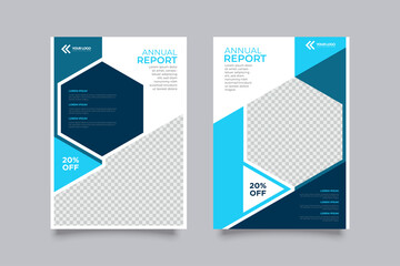  corporate real estate business company brochure template and flyer design mock up with connected hexagon polygons blue shades as space for photo collage. white background