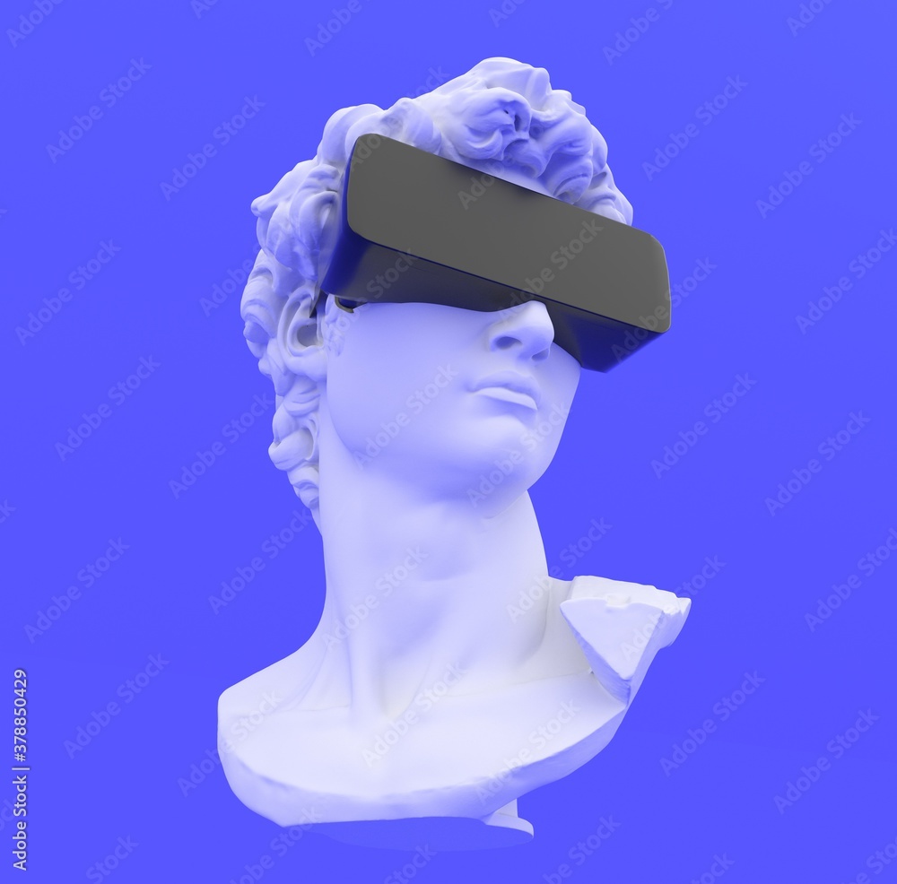 Poster Postmodern style illustration from 3D rendering of classical head sculpture with VR visor headset on blue background.