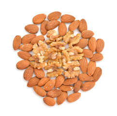 Macro of shelled walnuts and almonds on white