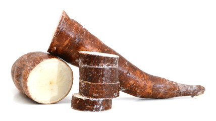 Close up view of the cassava root isolated on a white background.