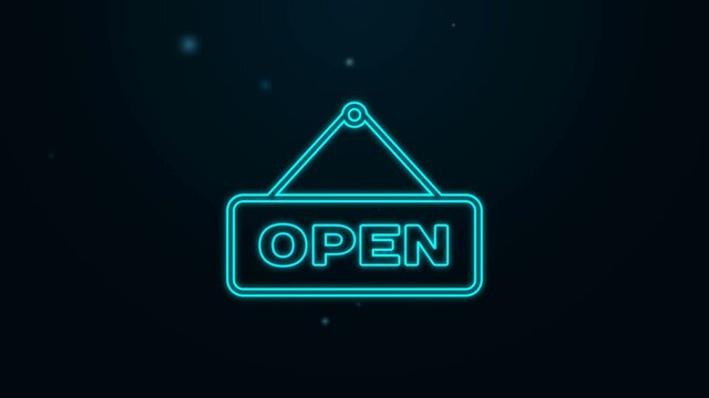 Glowing neon line Hanging sign with text Open door icon isolated on black background. 4K Video motion graphic animation